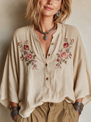 Women's Classic Khaki Cotton Floral-Embroidered Three-Quarter Sleeve Top ZMZ0220I2SWL