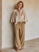 Women's Classic Khaki Cotton Floral-Embroidered Three-Quarter Sleeve Top ZMZ0220I2SWL