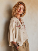 Women's Classic Khaki Cotton Floral-Embroidered Three-Quarter Sleeve Top ZMZ0220I2SWL