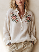 Women's Classic Floral Embroidered Cotton-Linen Long-Sleeve Top ZMZ0277I9SWL