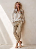 Women's Classic Floral Embroidered Cotton-Linen Long-Sleeve Top ZMZ0277I9SWL