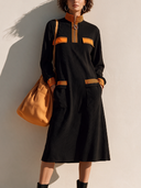 Women's Classic Long-Sleeve Color-Block Midi Dress With Zip-Up Stand Collar ZMZ0271I3SWL