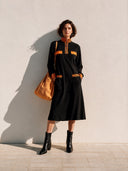Women's Classic Long-Sleeve Color-Block Midi Dress With Zip-Up Stand Collar ZMZ0271I3SWL