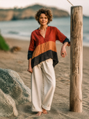 Women's Casual Color-Block Linen V-Neck T-Shirt ZMZ0164I6XT