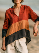 Women's Casual Color-Block Linen V-Neck T-Shirt ZMZ0164I6XT