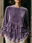 Women's Retro Artistic Velvet Layered Ruffle Long-Sleeve T-Shirt ZMZ0156I2XT