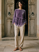 Women's Retro Artistic Velvet Layered Ruffle Long-Sleeve T-Shirt ZMZ0156I2XT