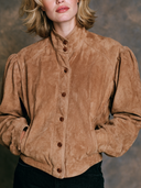 Women's Retro Suede Puff Sleeve Stand Collar Jacket ZMZ0186I1XT