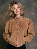 Women's Retro Suede Puff Sleeve Stand Collar Jacket ZMZ0186I1XT