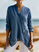 Women's Linen V-neck Asymmetrical Hem Long-sleeved Shirt ZMZ0132I2XT