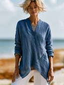Women's Linen V-neck Asymmetrical Hem Long-sleeved Shirt ZMZ0132I2XT
