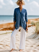 Women's Linen V-neck Asymmetrical Hem Long-sleeved Shirt ZMZ0132I2XT