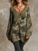 Women's Vintage Camo Print Lace-Panel V-Neck Sweater ZMZ2759H5XT