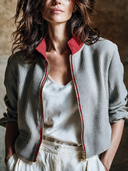 Women's Casual Waffle Color Block Collar Zipper Bomber Jacket ZMZ2508H2XT