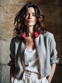 Women's Casual Waffle Color Block Collar Zipper Bomber Jacket ZMZ2508H2XT