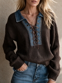 Women's Retro Casual Denim Patchwork Knit Pullover Sweater ZMZ0339I9ZJY