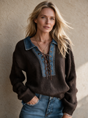 Women's Retro Casual Denim Patchwork Knit Pullover Sweater ZMZ0339I9ZJY