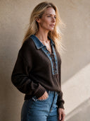 Women's Retro Casual Denim Patchwork Knit Pullover Sweater ZMZ0339I9ZJY