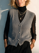 Women's Classic Grey Ribbed V-Neck Button-Front Knit Vest ZMZ0367I2SWL