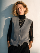 Women's Classic Grey Ribbed V-Neck Button-Front Knit Vest ZMZ0367I2SWL