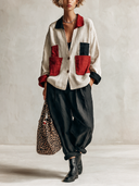 Women's Stylish Cotton-Linen Two-Piece Set: Color-Block Two-Button Jacket And Black Trousers ZMZ0369I1SWL