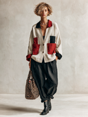 Women's Stylish Cotton-Linen Two-Piece Set: Color-Block Two-Button Jacket And Black Trousers ZMZ0369I1SWL