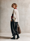 Women's Stylish Cotton-Linen Two-Piece Set: Color-Block Two-Button Jacket And Black Trousers ZMZ0369I1SWL