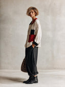 Women's Stylish Cotton-Linen Two-Piece Set: Color-Block Two-Button Jacket And Black Trousers ZMZ0369I1SWL
