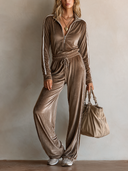 Women's Fashion Khaki Velvet Zipper Collar Elastic Waist Jumpsuit ZMZ0373I9SWL