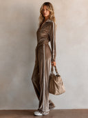 Women's Fashion Khaki Velvet Zipper Collar Elastic Waist Jumpsuit ZMZ0373I9SWL