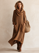 Women's Stylish Brown Knitted Midi Dress– Loose Fit, High Stretch, And Cowl Neck ZMZ0329I3SWL