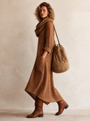 Women's Stylish Brown Knitted Midi Dress– Loose Fit, High Stretch, And Cowl Neck ZMZ0329I3SWL