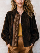 Women's Fashionable Dark Brown Velvet-Panelled Printed Faux Suede Button-Front Jacket ZMZ0364I6SWL