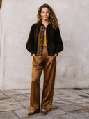 Women's Fashionable Dark Brown Velvet-Panelled Printed Faux Suede Button-Front Jacket ZMZ0364I6SWL