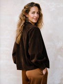 Women's Fashionable Dark Brown Velvet-Panelled Printed Faux Suede Button-Front Jacket ZMZ0364I6SWL