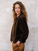Women's Fashionable Dark Brown Velvet-Panelled Printed Faux Suede Button-Front Jacket ZMZ0364I6SWL
