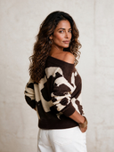 Women's Retro Elegant Off-Shoulder Cow Print Long-Sleeve Sweater ZMZ0295I2ZYY