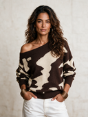 Women's Retro Elegant Off-Shoulder Cow Print Long-Sleeve Sweater ZMZ0295I2ZYY