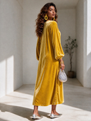 Women's Elegant Vintage Party Dress: V-Neck, Lantern Sleeves, And Sequin-Accented Velvet Maxi Dress ZMZ0239I3ZYY