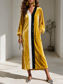 Women's Elegant Vintage Party Dress: V-Neck, Lantern Sleeves, And Sequin-Accented Velvet Maxi Dress ZMZ0239I3ZYY