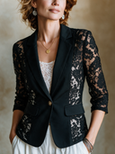 Women's Stylish Slim-Fit Black Blazer With Lace Paneling, Three-Quarter Sleeves, And Single-Button Closure ZMZ0354I3SWL