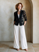 Women's Stylish Slim-Fit Black Blazer With Lace Paneling, Three-Quarter Sleeves, And Single-Button Closure ZMZ0354I3SWL
