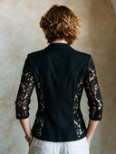 Women's Stylish Slim-Fit Black Blazer With Lace Paneling, Three-Quarter Sleeves, And Single-Button Closure ZMZ0354I3SWL