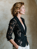 Women's Stylish Slim-Fit Black Blazer With Lace Paneling, Three-Quarter Sleeves, And Single-Button Closure ZMZ0354I3SWL