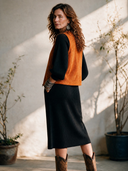 Women's Retro-American Style Faux Suede Zip-Up Vest And Square-Neck Lantern-Sleeve Knit Midi Dress Set ZMZ0362I9ZYY