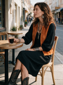 Women's Retro-American Style Faux Suede Zip-Up Vest And Square-Neck Lantern-Sleeve Knit Midi Dress Set ZMZ0362I9ZYY
