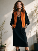 Women's Retro-American Style Faux Suede Zip-Up Vest And Square-Neck Lantern-Sleeve Knit Midi Dress Set ZMZ0362I9ZYY