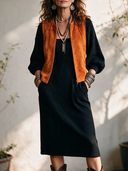 Women's Retro-American Style Faux Suede Zip-Up Vest And Square-Neck Lantern-Sleeve Knit Midi Dress Set ZMZ0362I9ZYY