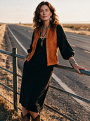 Women's Retro-American Style Faux Suede Zip-Up Vest And Square-Neck Lantern-Sleeve Knit Midi Dress Set ZMZ0362I9ZYY
