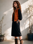 Women's Retro-American Style Faux Suede Zip-Up Vest And Square-Neck Lantern-Sleeve Knit Midi Dress Set ZMZ0362I9ZYY